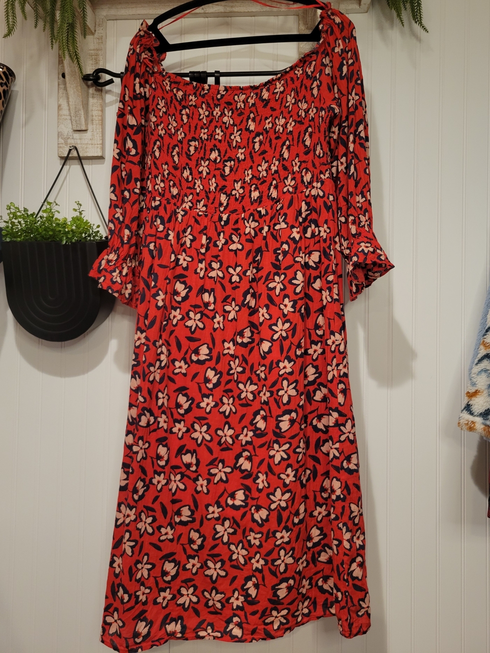 Who What Wear Red Floral Midi Dress with Navy & Cream Accents